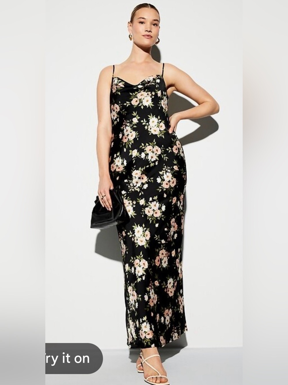 New Old Navy Black Floral Slip Maxi Dress with Pink and Cream Blooms
